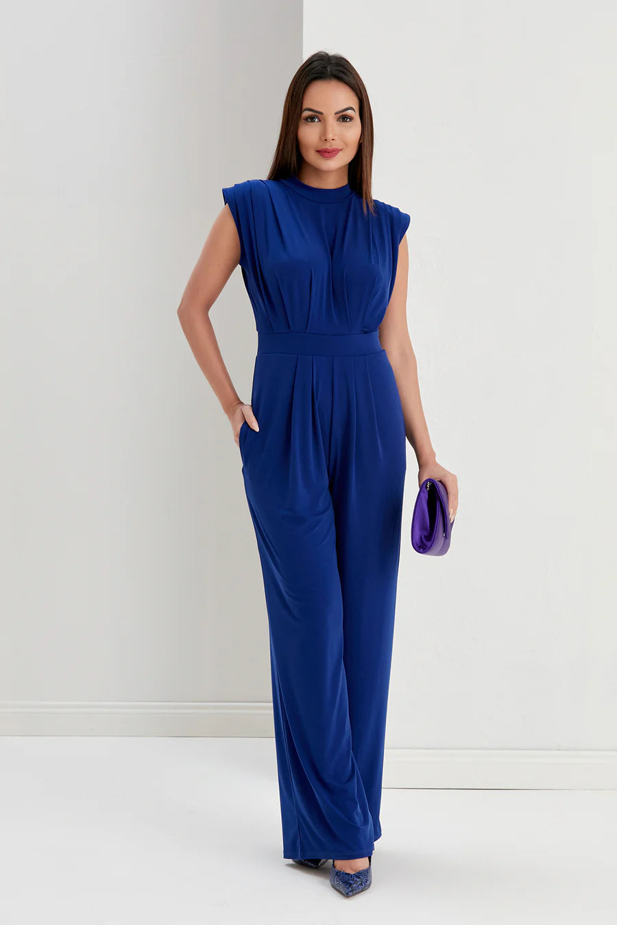 Elegant Wide Leg Jumpsuit, Royal Blue, High Neck, Cap Sleeves, Side Pockets