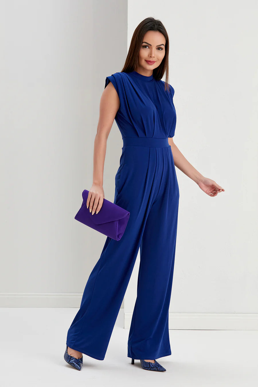 Elegant Wide Leg Jumpsuit, Royal Blue, High Neck, Cap Sleeves, Side Pockets