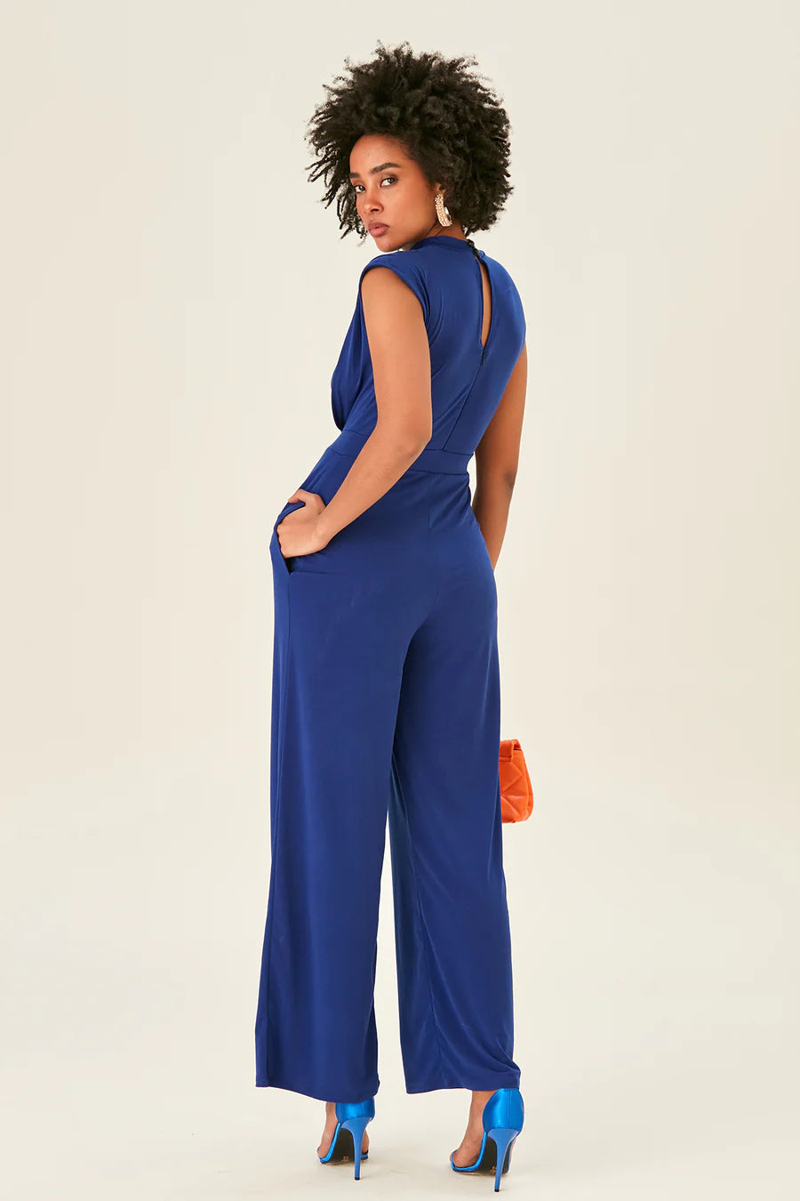 Elegant Wide Leg Jumpsuit, Royal Blue, High Neck, Cap Sleeves, Side Pockets