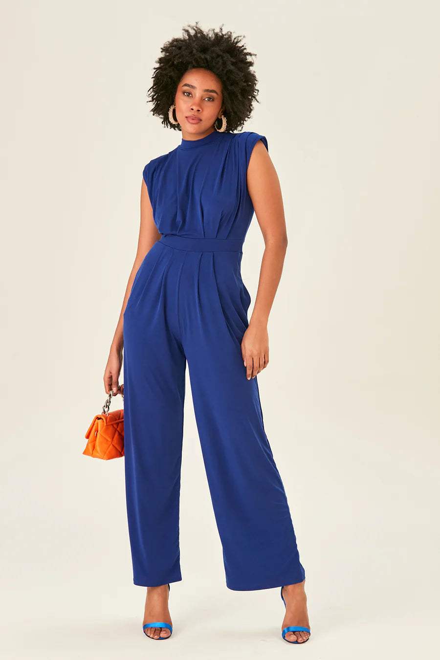 Elegant Wide Leg Jumpsuit, Royal Blue, High Neck, Cap Sleeves, Side Pockets