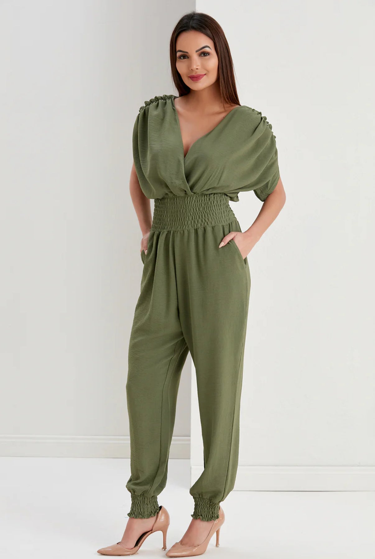 Women's V-Neck Sleeveless Jumpsuit, Elastic Waist, Pockets, Khaki Green