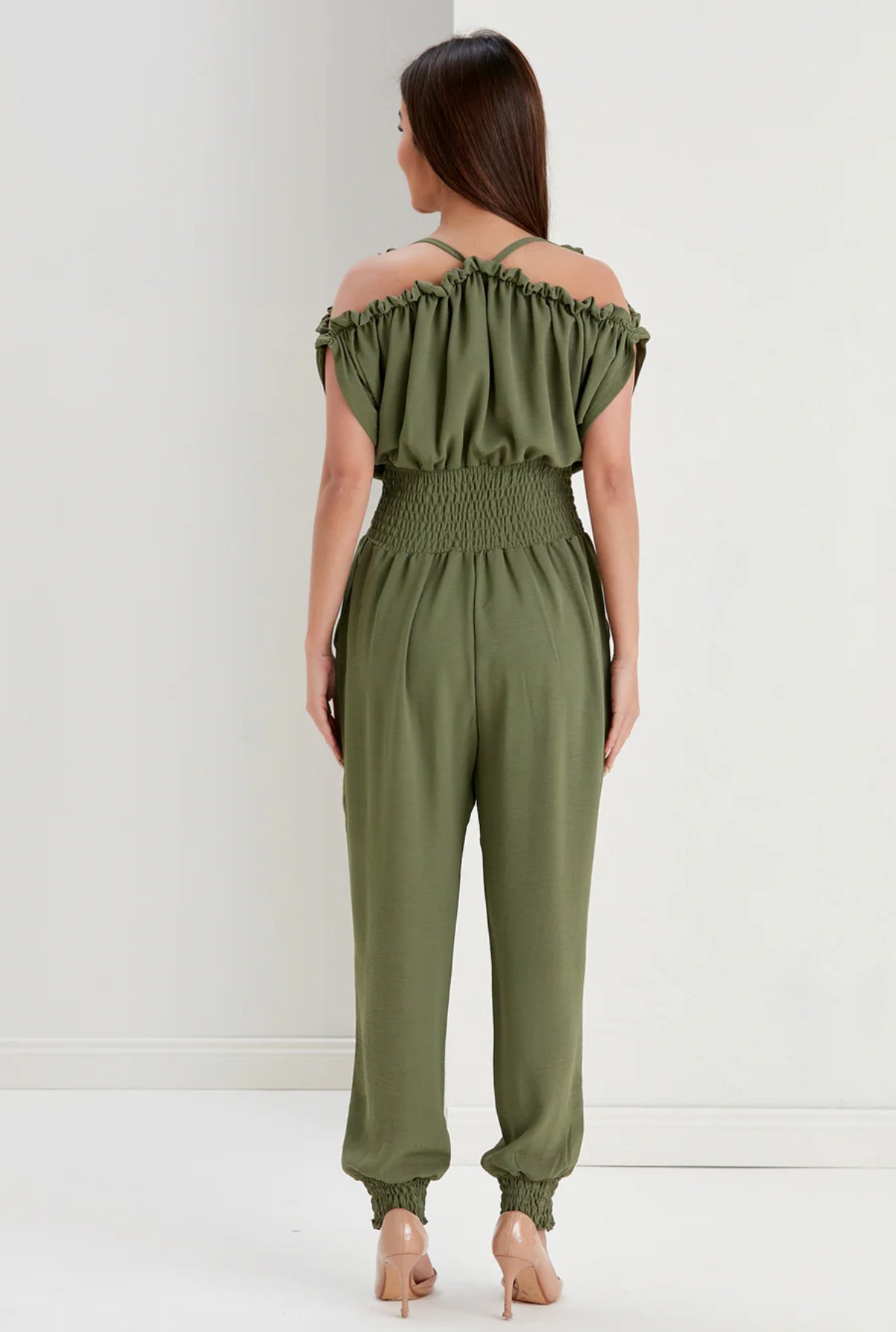 Women's V-Neck Sleeveless Jumpsuit, Elastic Waist, Pockets, Khaki Green