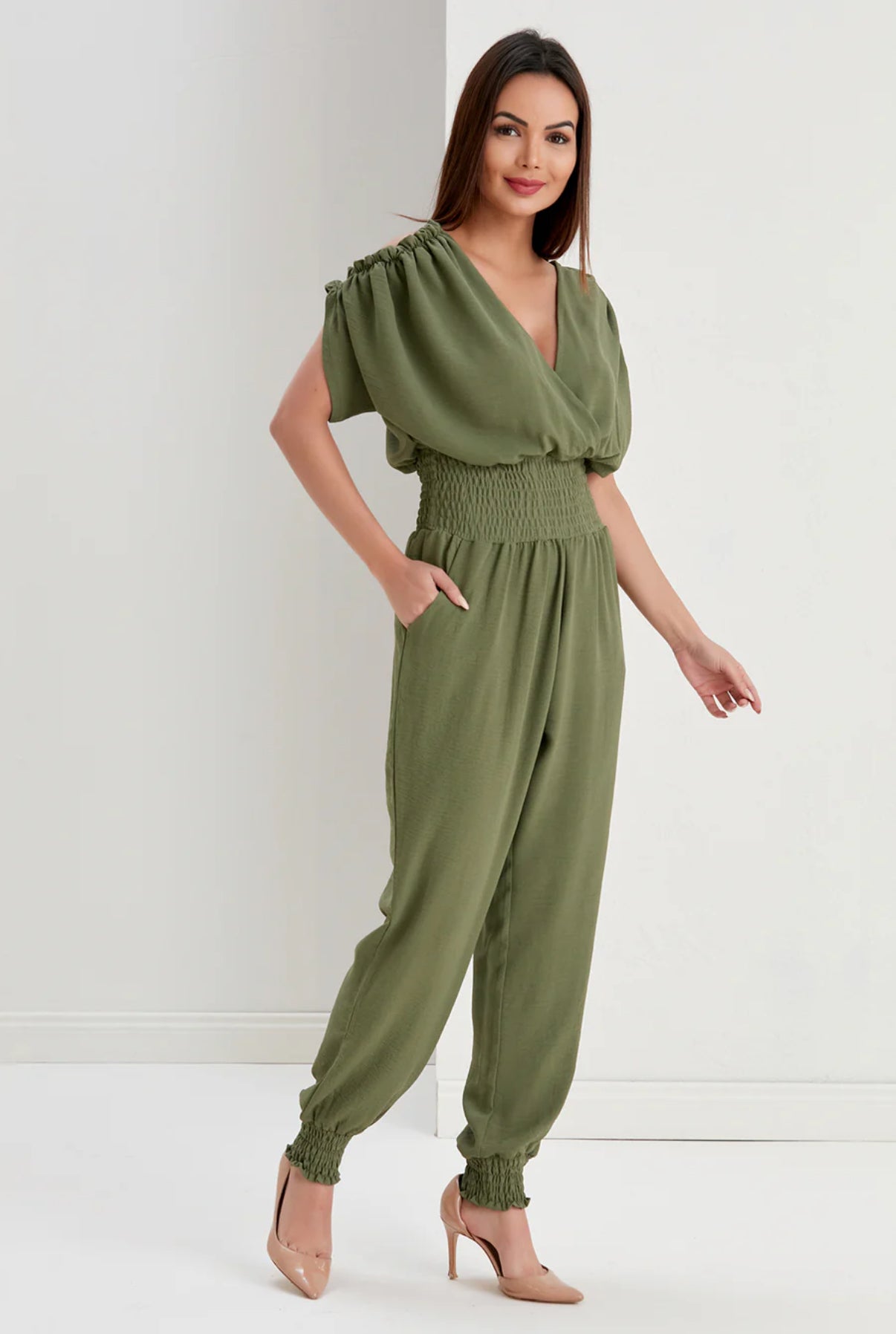 Women's V-Neck Sleeveless Jumpsuit, Elastic Waist, Pockets, Khaki Green