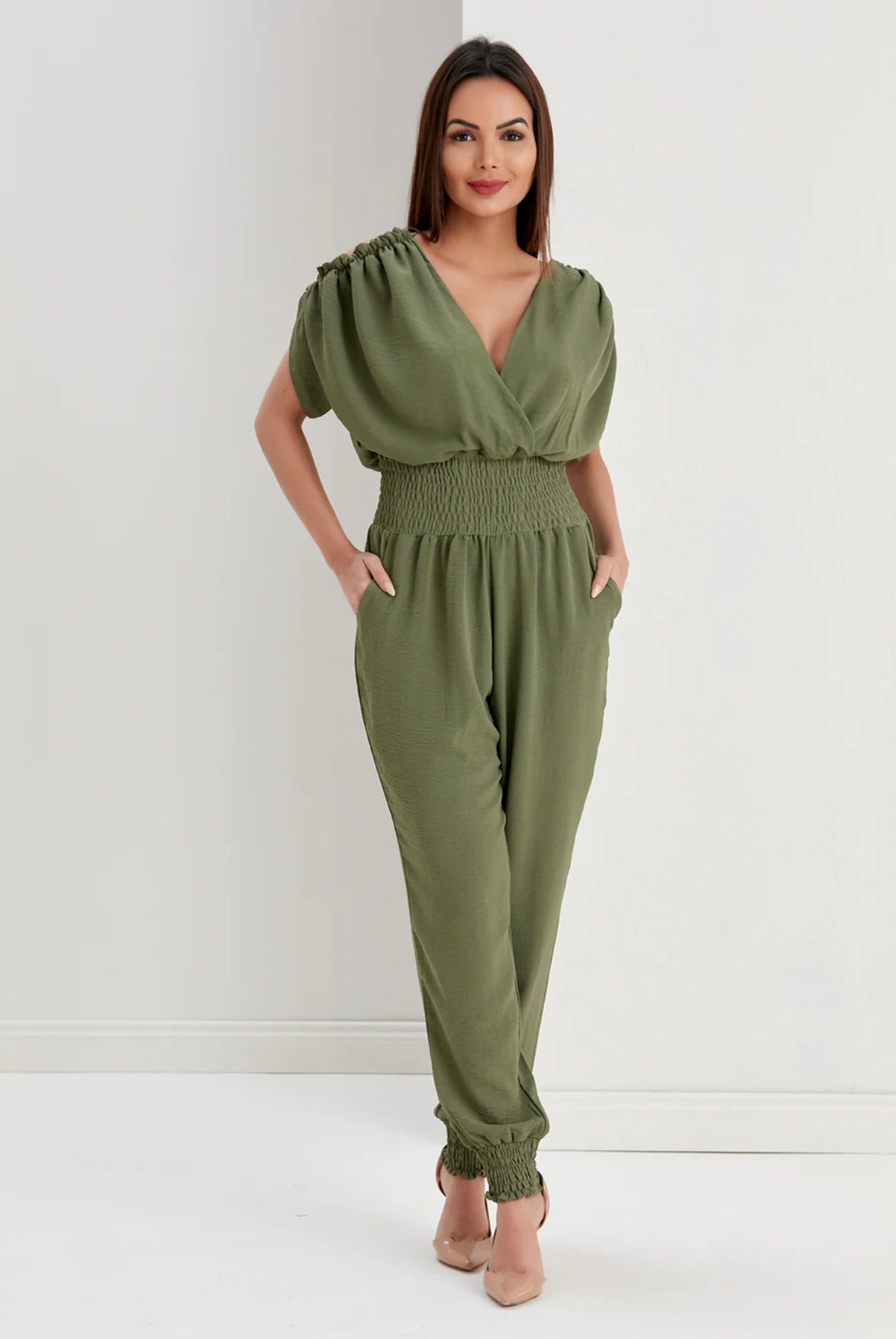 Women's V-Neck Sleeveless Jumpsuit, Elastic Waist, Pockets, Khaki Green