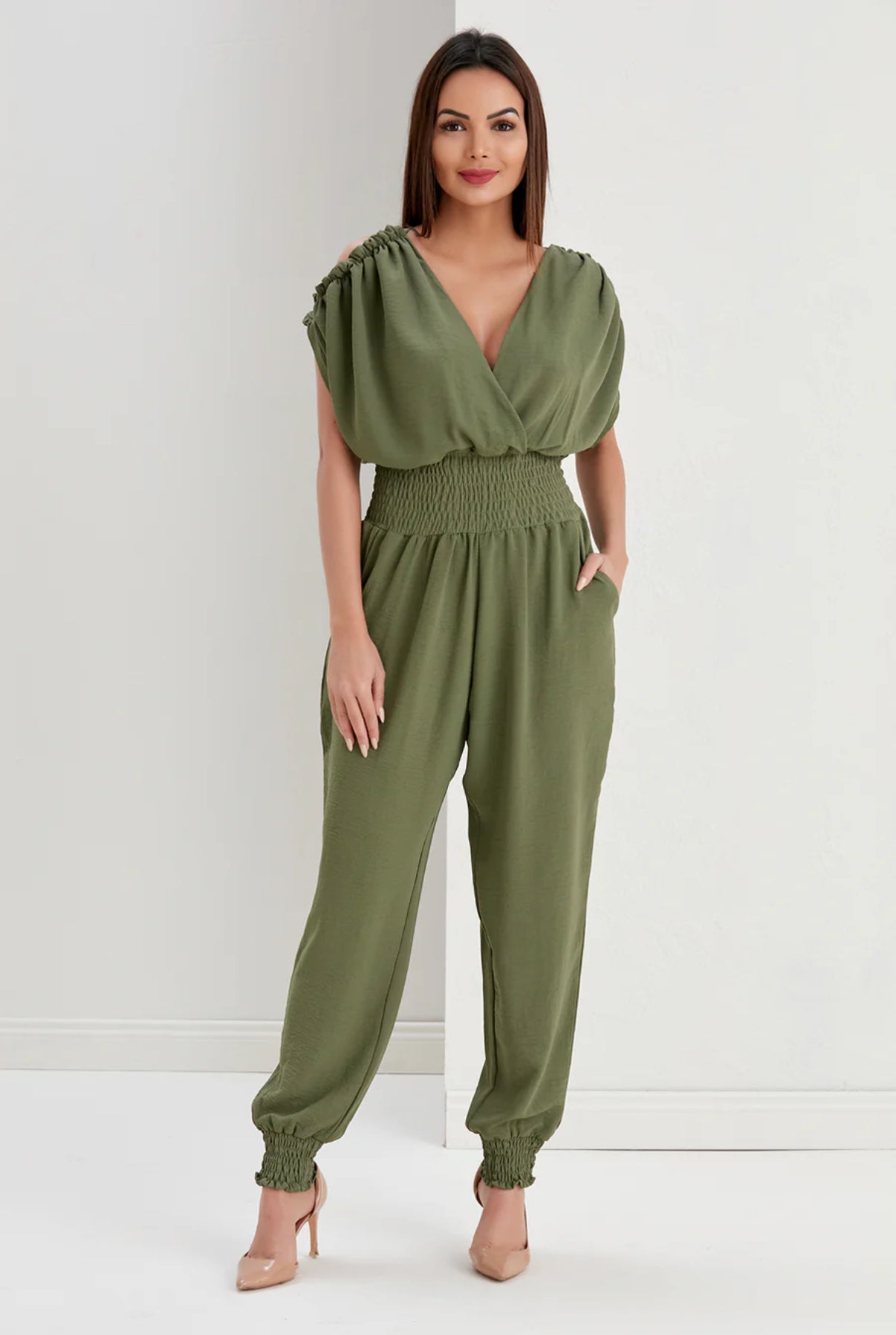 Women's V-Neck Sleeveless Jumpsuit, Elastic Waist, Pockets, Khaki Green