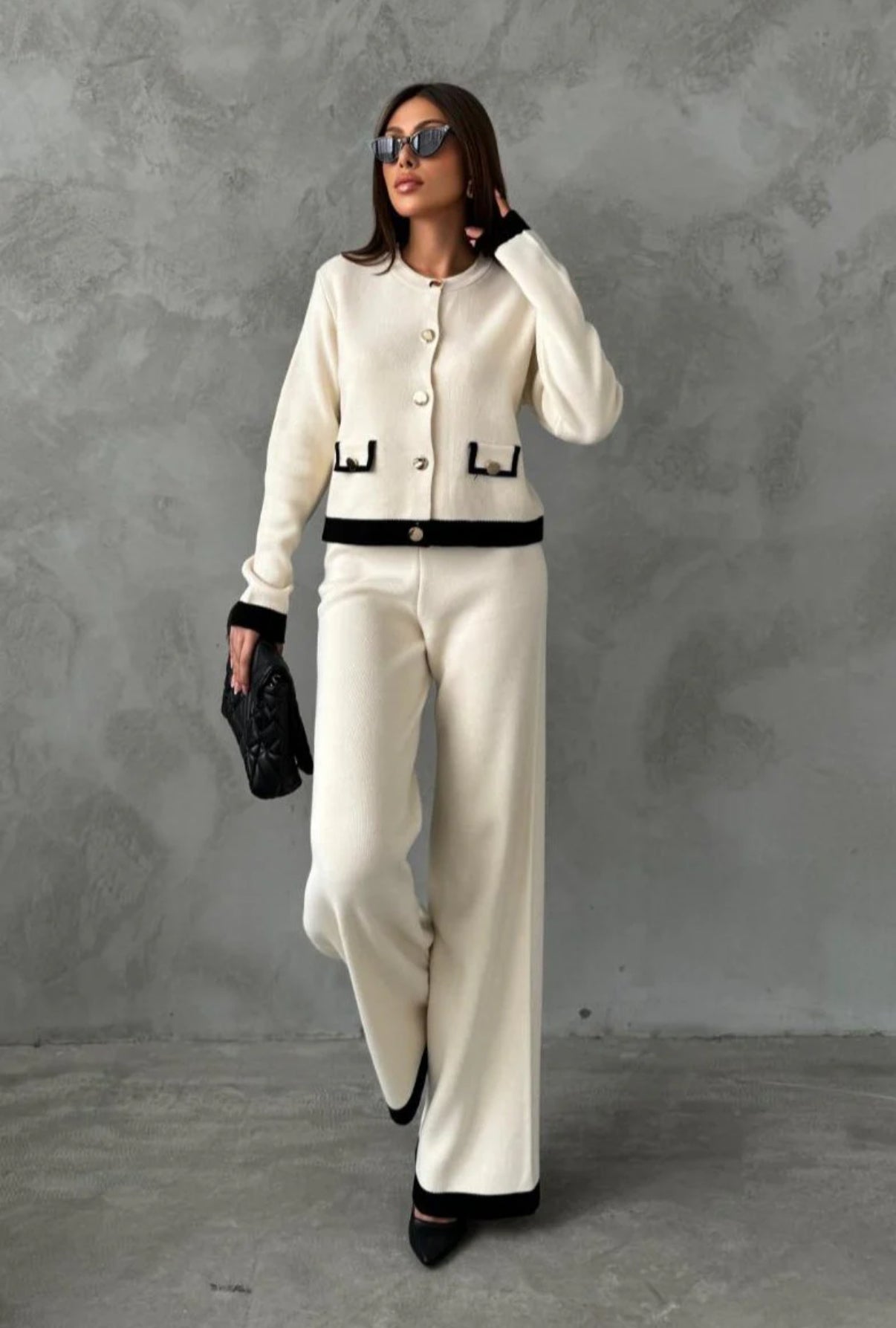 Women's 2-Piece Knitted Set, Light Colour Jacket and Wide Leg Trousers, S/M-M/L