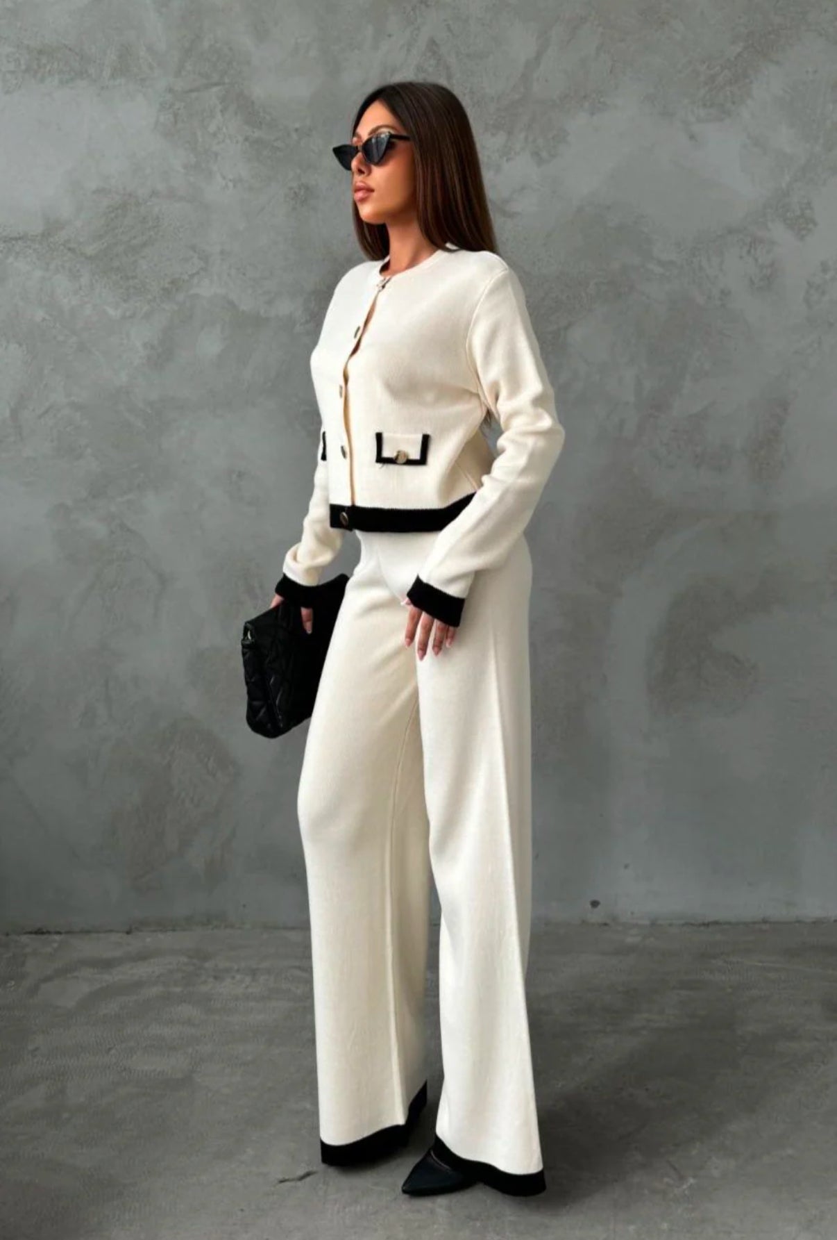 Women's 2-Piece Knitted Set, Light Colour Jacket and Wide Leg Trousers, S/M-M/L