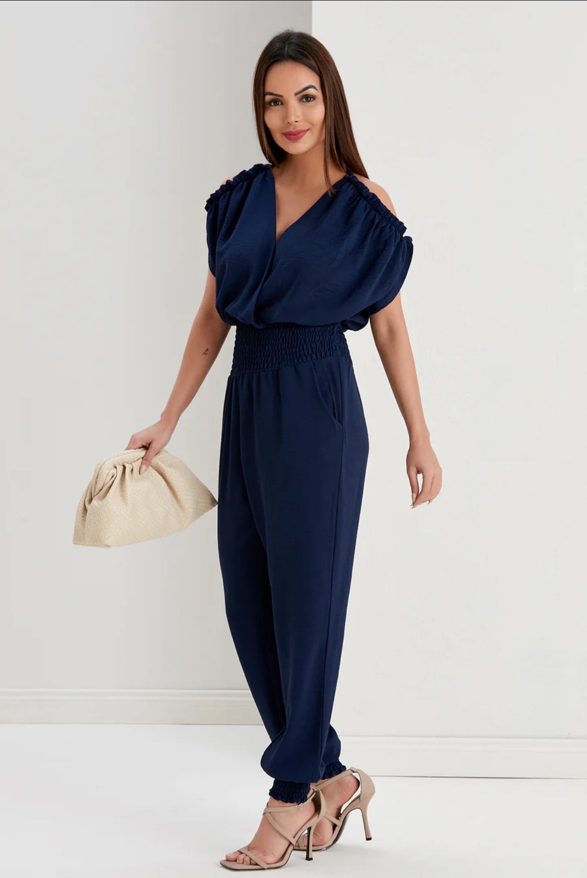 Women's Navy Summer Jumpsuit, Elastic Waist, Open Shoulder Design, Pockets