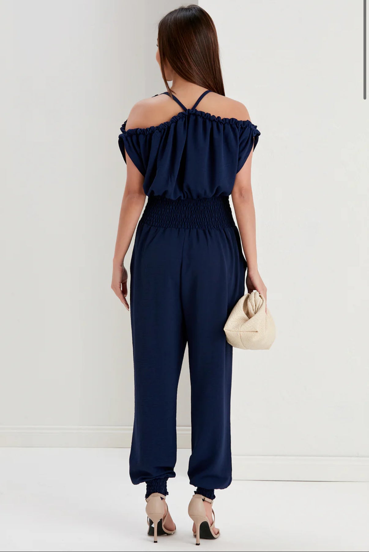 Women's Navy Summer Jumpsuit, Elastic Waist, Open Shoulder Design, Pockets