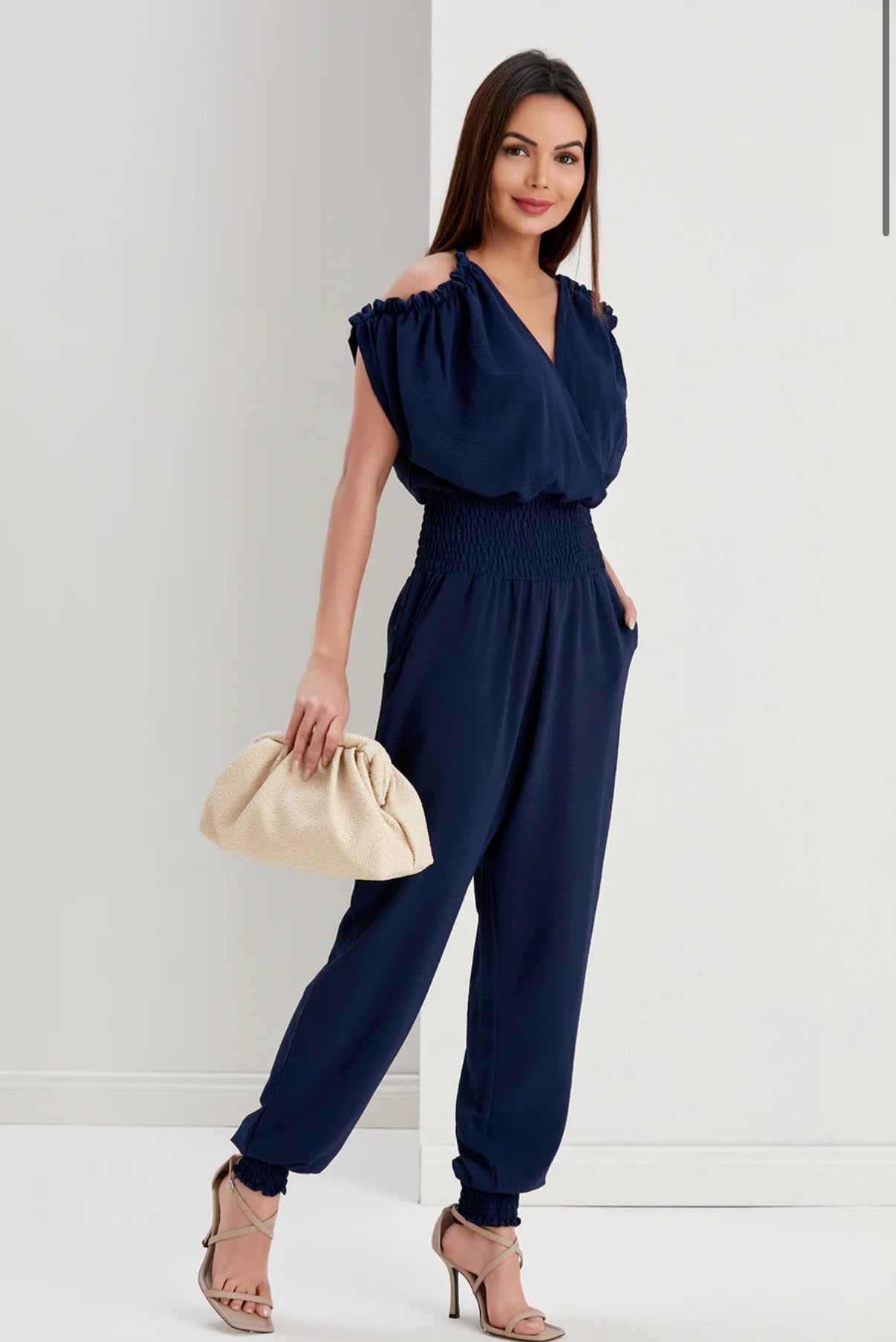 Women's Navy Summer Jumpsuit, Elastic Waist, Open Shoulder Design, Pockets