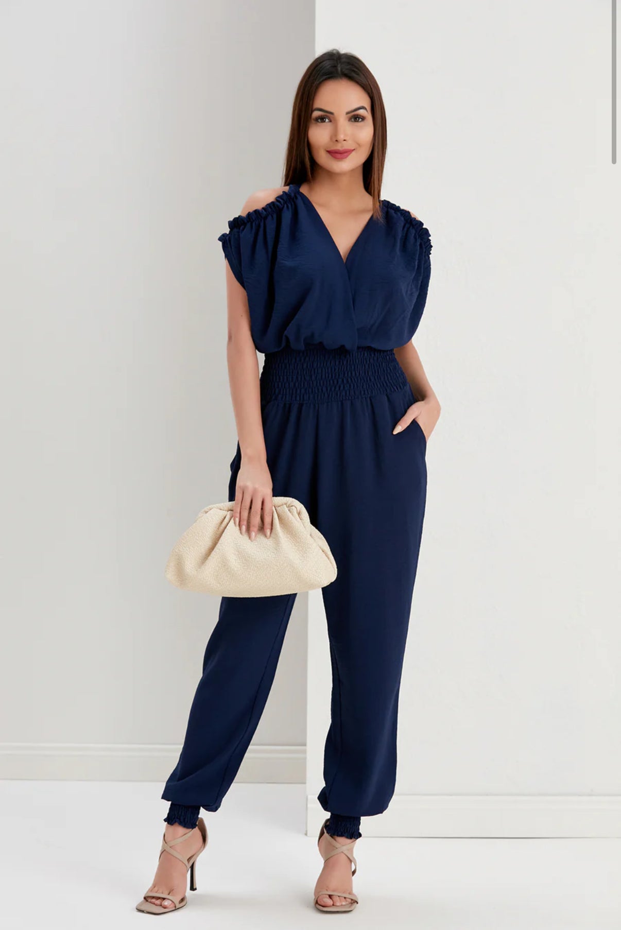 Women's Navy Summer Jumpsuit, Elastic Waist, Open Shoulder Design, Pockets