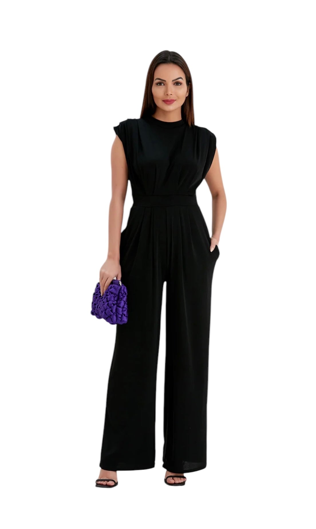 Women's Black Summer Jumpsuit, Elastic Waist, Open Shoulder Design, Pockets