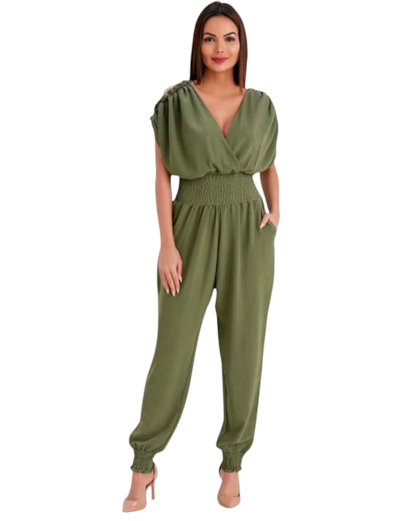 Women's V-Neck Sleeveless Jumpsuit, Elastic Waist, Pockets, Khaki Green